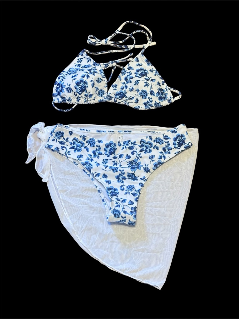 Women's Blue Floral Triangle Bikini Set with Sheer Sarong Size M NWOT